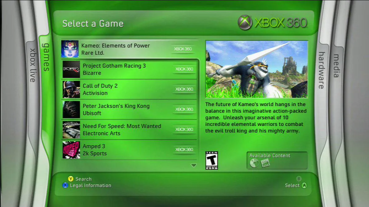 A screenshot of the first Xbox 360's Dashboard, also known as Blades Dashboard.